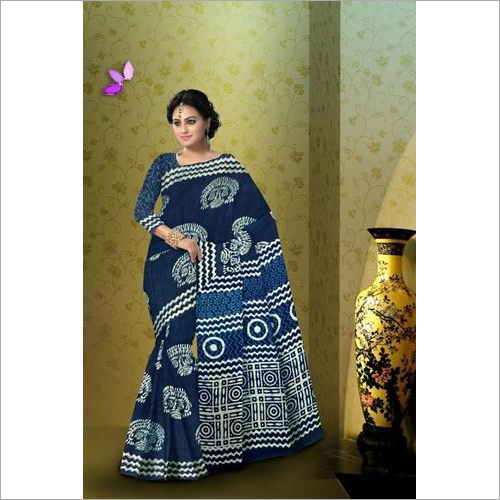 Indigo Print Cotton Mulmul Saree