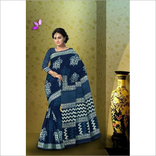 Indigo Print Cotton Mulmul Saree with Blouse