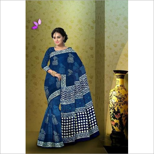 Hand Block Print Indigo Cotton Saree