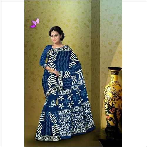 Indigo Block Print Cotton Mulmul Saree