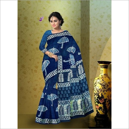 Block Print Indigo Cotton Saree