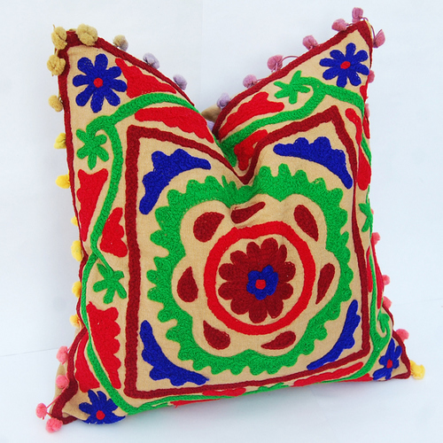 Handicraftofpinkcity cotton cushion cover with embroidery cushion cover with pompoms pillow case
