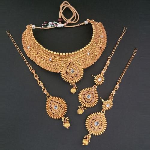 Gold Plated Kundan Golden Choker Necklace Set with Maang Tikka - Copper, Crystal Rhinestone | Women, Wedding, Party, Engagement, Anniversary