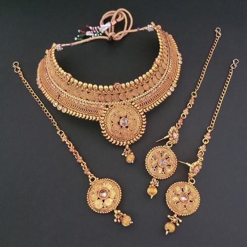 Gold Plated LCT Studded Bridal Necklace Set With Maang Tikka