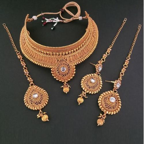 Jalebi Design Golden Crystal Necklace Set With Maang Tika