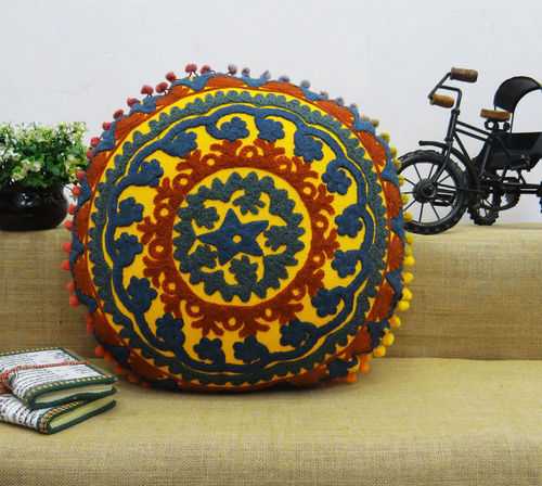 Indian Embroidered Handmade 100% Cotton Suzani Round Cushion Cover