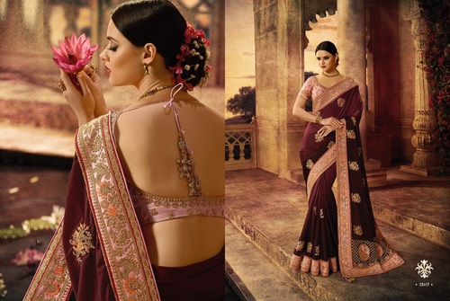 Maroon Pure Satin Silk Designer Saree