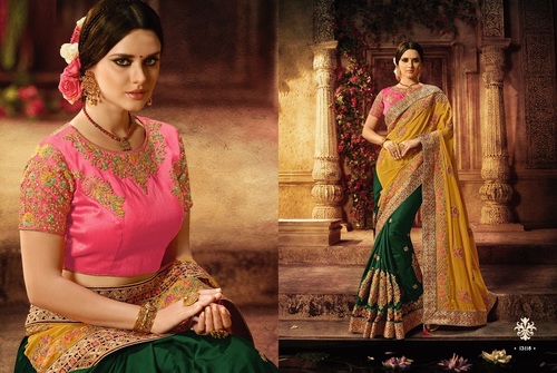 Green & Mustard Heavy Embroidered Bridal Saree