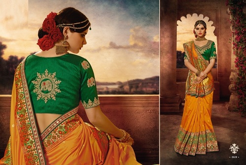 Designer Pure Banarasi Silk Saree - Mustard Color, Embroidery & Zari Work | Customizable Blouse with Heavy Jute Fabric