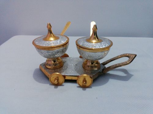 Brass Enamel Sugar Pot With Cart