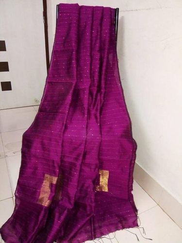 Cotton Silk Saree - All Over Sequins with Box Design Pallu | Striped Pattern, Bangali Style, Zari Work