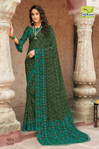 Saree - 5.5 Mtr Georgette, Green Traditional Printed Design with Lovely Border for Casual Wear