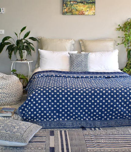 Indigo Blue Polka Dot Kantha Bed Spread