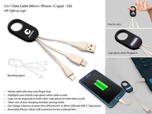 3 In 1 Data Cable With Light Up Logo (Micro / Iphone / C Type)