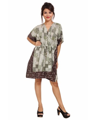 Green Cotton Printed Kaftan Short Sleeve