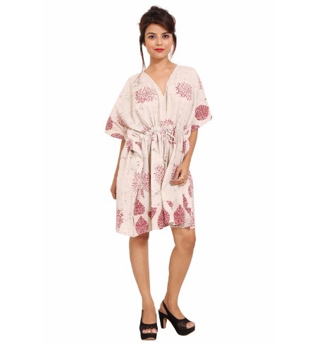 Stylish Kaftan Dress - Cotton, Knee Length, Cream Color | Printed Pattern, Short Sleeve, Plus Size, Washable