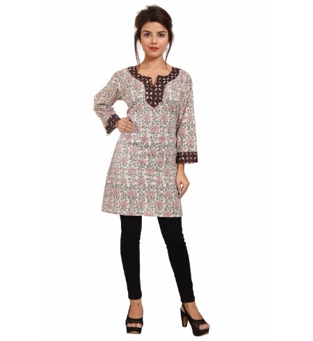 Brown Cotton Printed Full Sleeve Dress