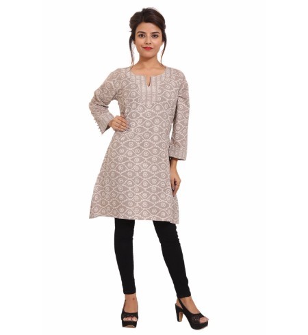Cream Cotton Printed Full Sleeve Dress