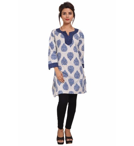 Blue Cotton Printed Full Sleeve Dress