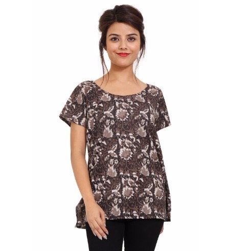 Cotton V-Neck 3/4 Sleeve Top - Brown, Plus Size Available | Printed Design, Casual Style for Spring and Summer