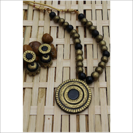 Round Abstract Set - Terracotta Necklace 16in, Pendant 2in, Gold Color | Elegant Handmade Stylish Accessory