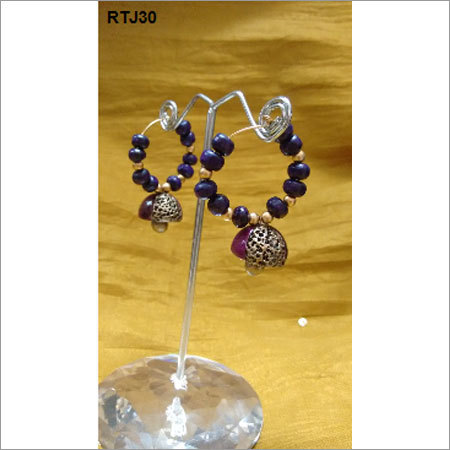 Black Ring Jhumkas - Metal Beads, 2 Inches, Dark Blue | Hook Closure, Oxidized Finish, Lightweight Durable Design