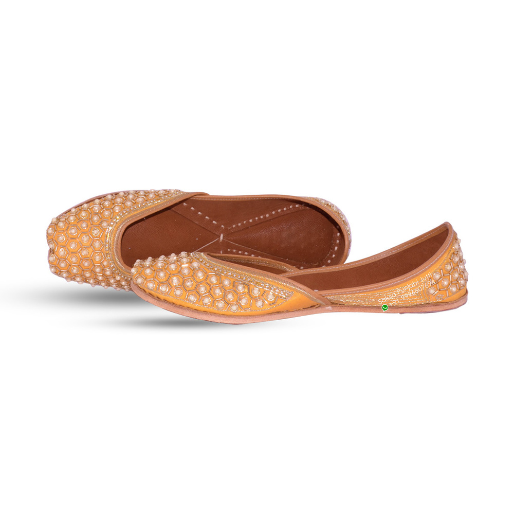 Women Leather Flat Designer Yellow Punjabi Jutti With Preal Work Insole Material: Canvas