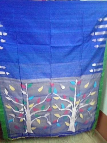 Silk Linen Saree - 5.5m Length, 1.2m Width, Blue Color, Handloom Weave | Breathable, Lightweight, Elegant Tree Pattern Design, Luxurious Soft Texture