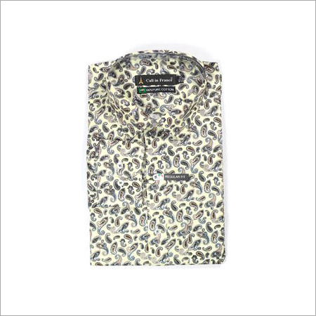 Mens Designer Print Shirt - Cotton, Sizes 38-44, Beige | Leaf Print, Button-Down, Left Pocket, Long Sleeve, Comfortable Fit