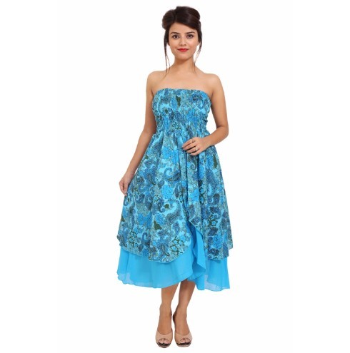 Turquoise Cotton Printed Off Shoulder Dress