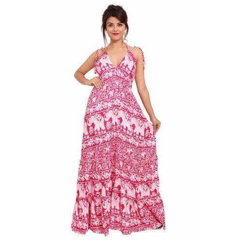 Pink Rayon Elephant Print Sleeveless Long Dresses