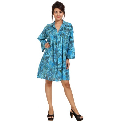 Cotton Printed Long Kimono Dress - Turquoise, Full Sleeves, Plus Size | Elegant Casual Wear, Washable for Spring and Summer