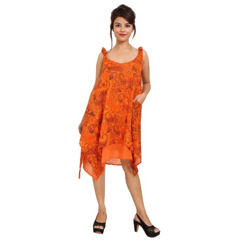 Orange Cotton Printed Sleeveless Dress