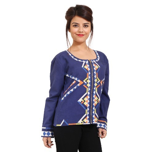 Cotton Ladies Jacket - Blue, Embroidered Full Sleeve Waist Length | Plus Size, Casual & Party Wear, Skin-Friendly
