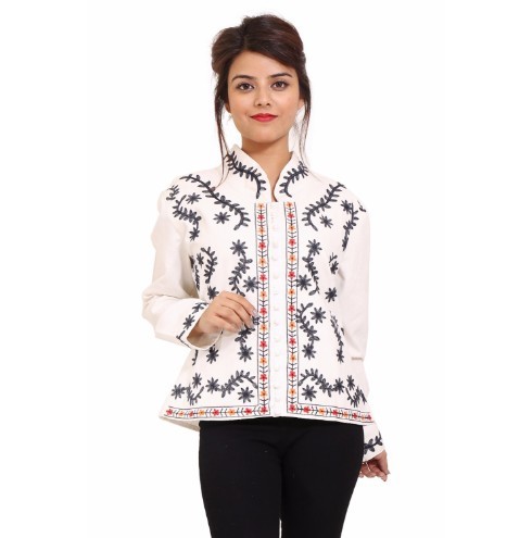 Cotton Ladies Embroidered Jacket - Full Sleeve, Waist Length, V-Neck Design | Casual and Party Wear, Plus Size, Washable
