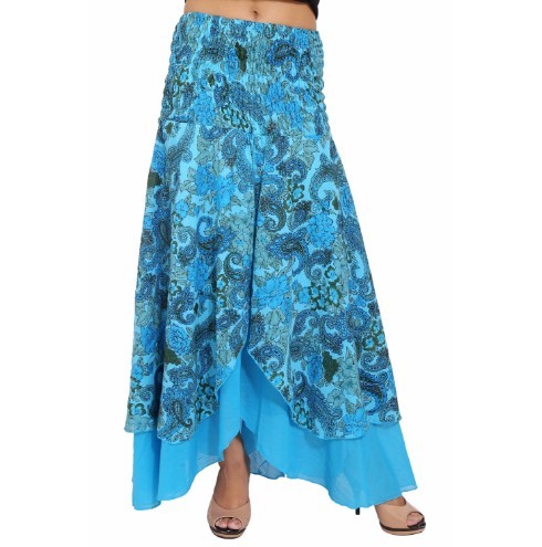 Turquoise Cotton Printed Party Wear Long Skirt
