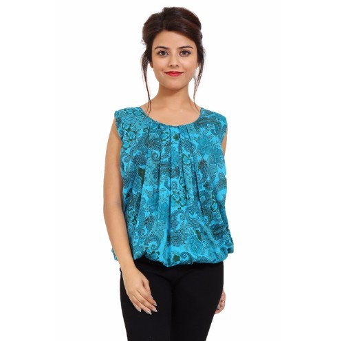 Turquoise Cotton Printed Party Wear Top