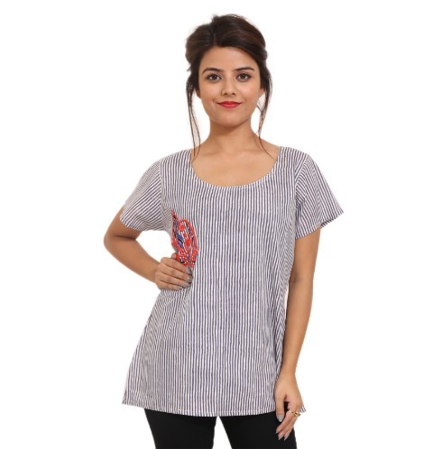 Grey Embroidery Cotton Round Neck Top