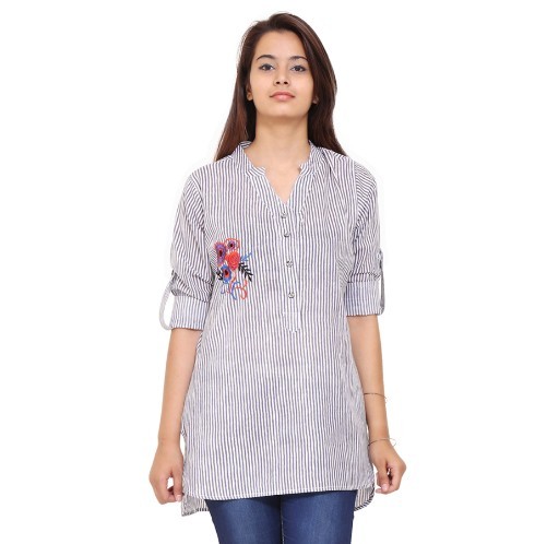 Washable Cotton Lining Embroidery Office Wear Grey Top