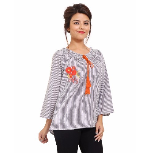Washable Cotton Embroidery Office Wear Grey Tops