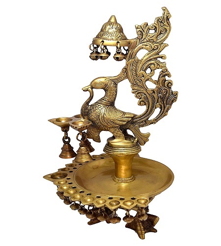 Two Moustaches Peacock Design Oil Lamp Brass Diya