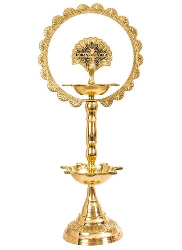 Brass Peacock Top Diya Oil Lamp Stand With 2 Diya, Pooja Temple Home