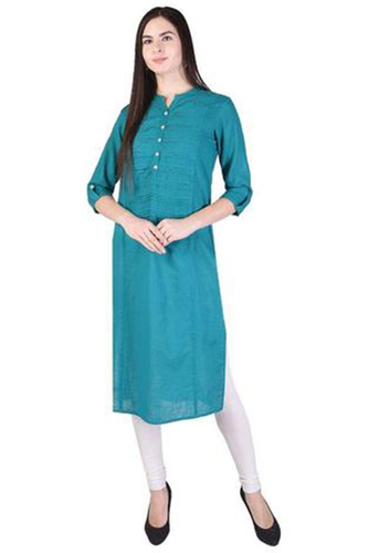 Turquoise Cotton Plain Kurti