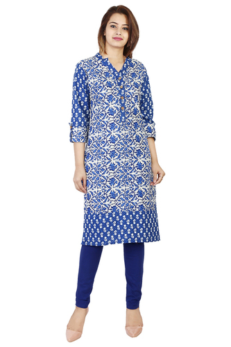 Blue Cotton Printed Straight Kurti