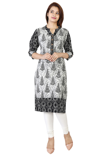 Black Cotton Printed Straight Kurti