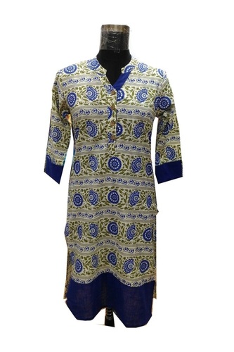 Cotton Printed Kurti - 3/4 Sleeve, Knee Length, Blue | Plus Size, Washable, Casual Style