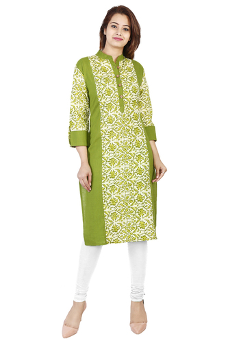 Cotton Kurti - Knee Length, Printed Green Fabric, 3/4 Sleeve Style | Plus Size, Machine Washable