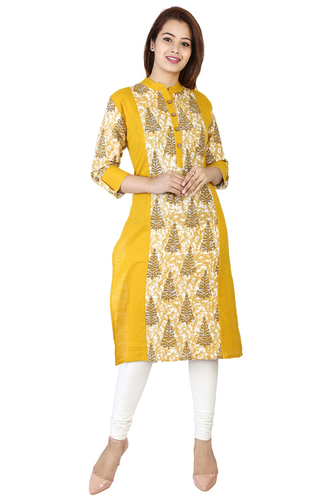 Yellow Cotton Printed Straight Kurti