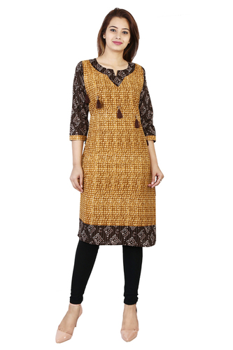 Brown Cotton Printed Straight Kurti