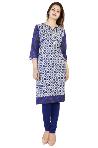 Blue Cotton Printed Straight Kurti